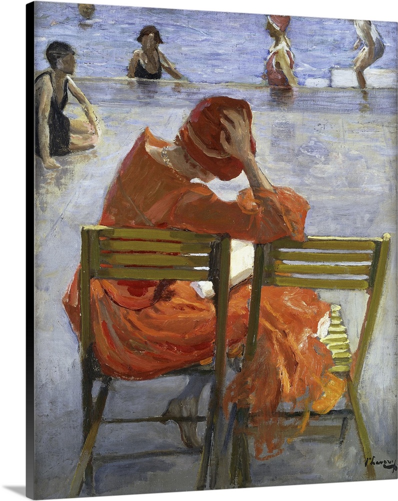Girl in a Red Dress, Seated by a Swimming Pool Sir John Lavery (1856-1941) (Originally oil on board), 1936. Probably a por...