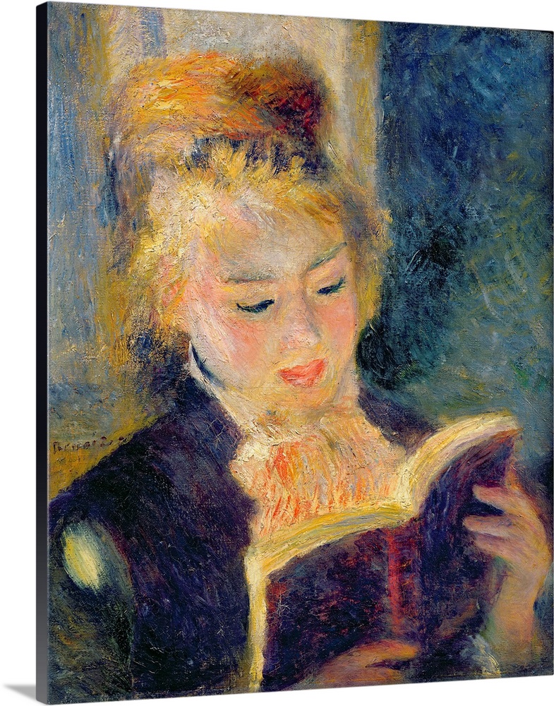 Portrait, classic art painting on a big canvas of a woman reading a book.  Painted with harsh, rough brushstrokes.