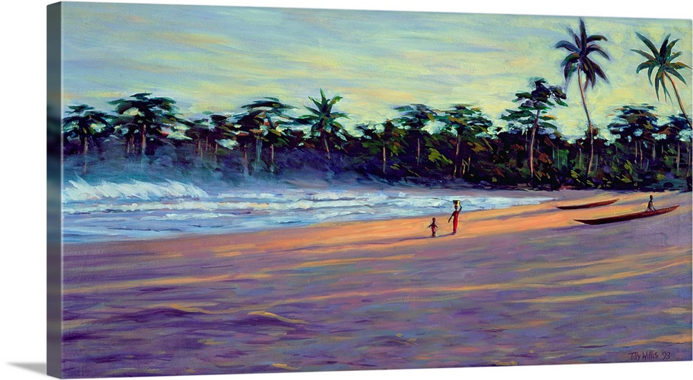 Painting of beach shore with waves rolling in and Palm trees in the distance.  There are canoes on the sand and people wal...