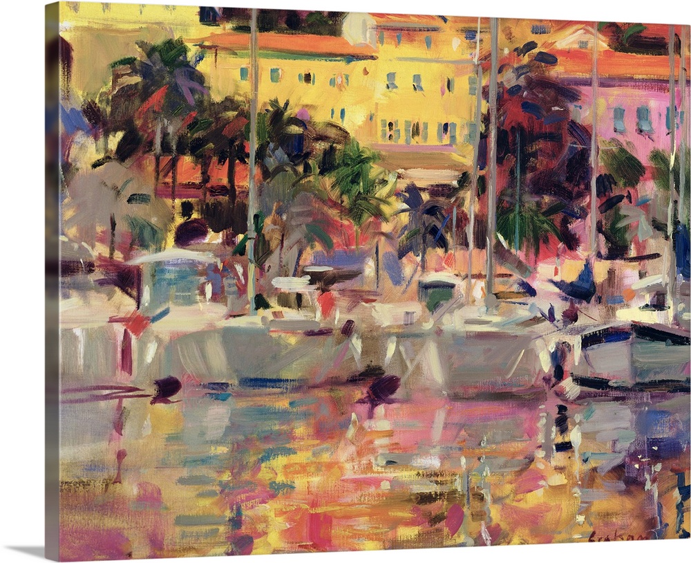 A contemporary, landscape painting that uses vivid pastel colors and shows many large sailboats in a tropical harbor in a ...