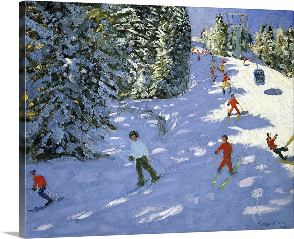 Painting of skiers on mountain slope surrounded my snow covered pine trees.
