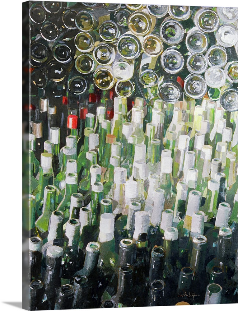 Lots of wine bottles are gathered together by glass color and others are stacked on a wall so you can only see the bottom ...