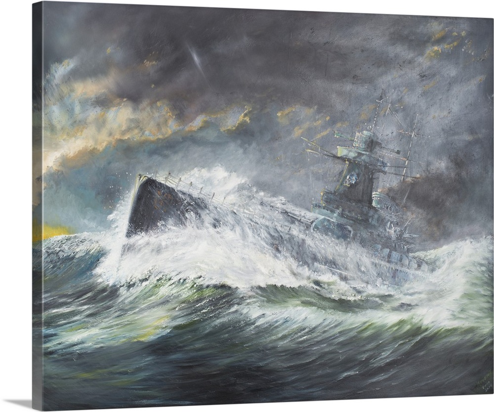 Contemporary painting of a ship riding the high seas during an aggressive storm.
