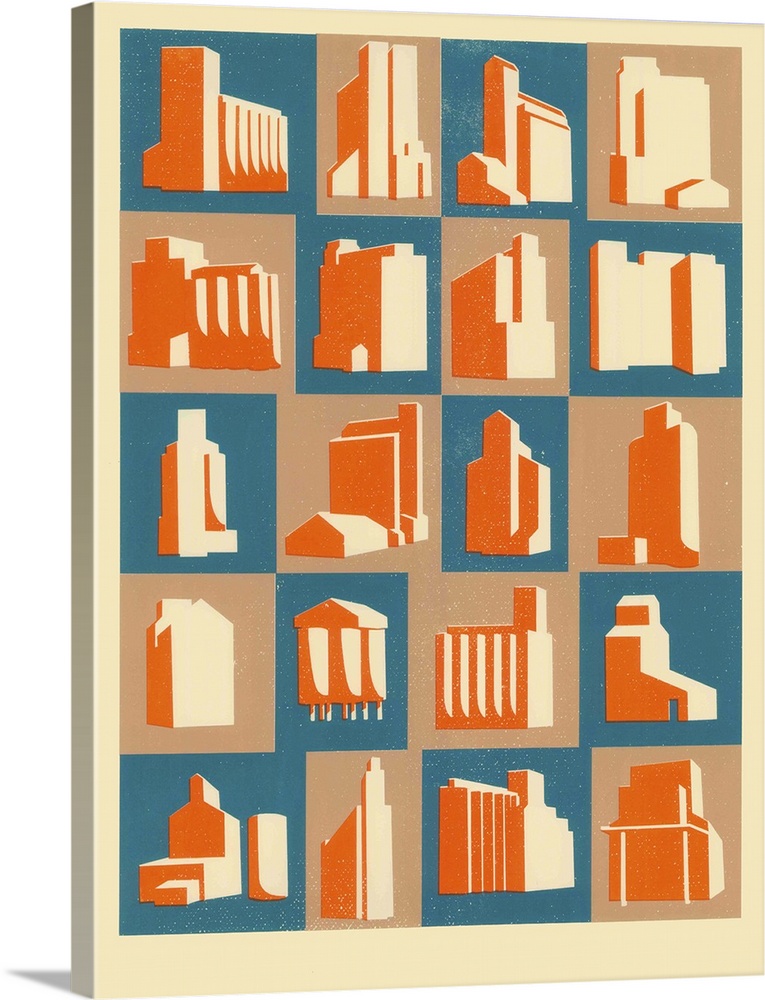 Contemporary painting of square tiles with grain silos in them in blue orange and beige.