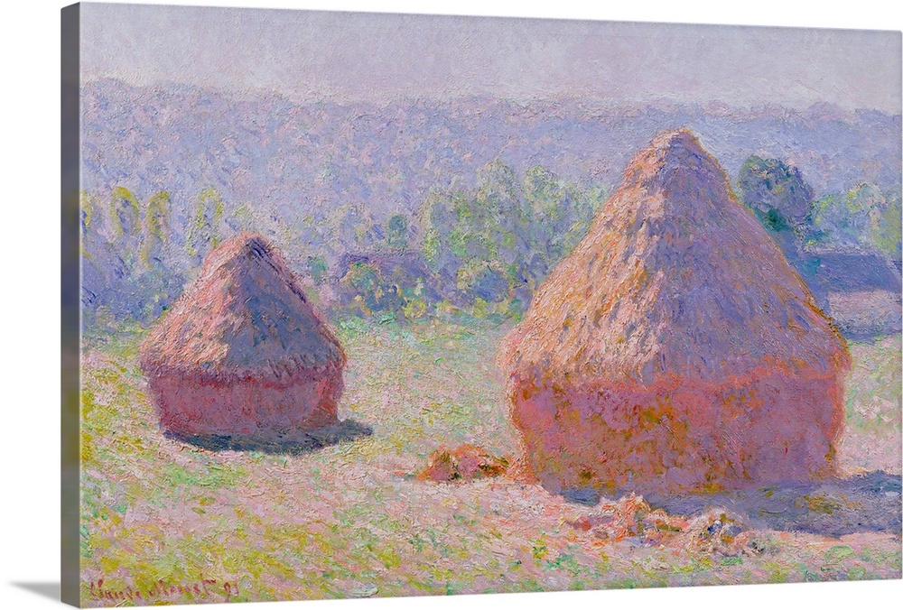 A classic piece of artwork that shows two large grain stacks in an open field.