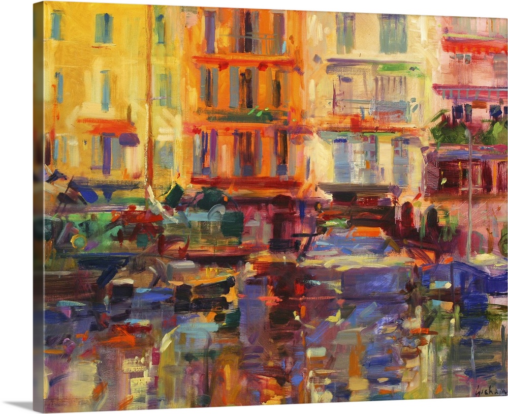 Contemporary art painting of buildings overlooking a boat filled harbor.