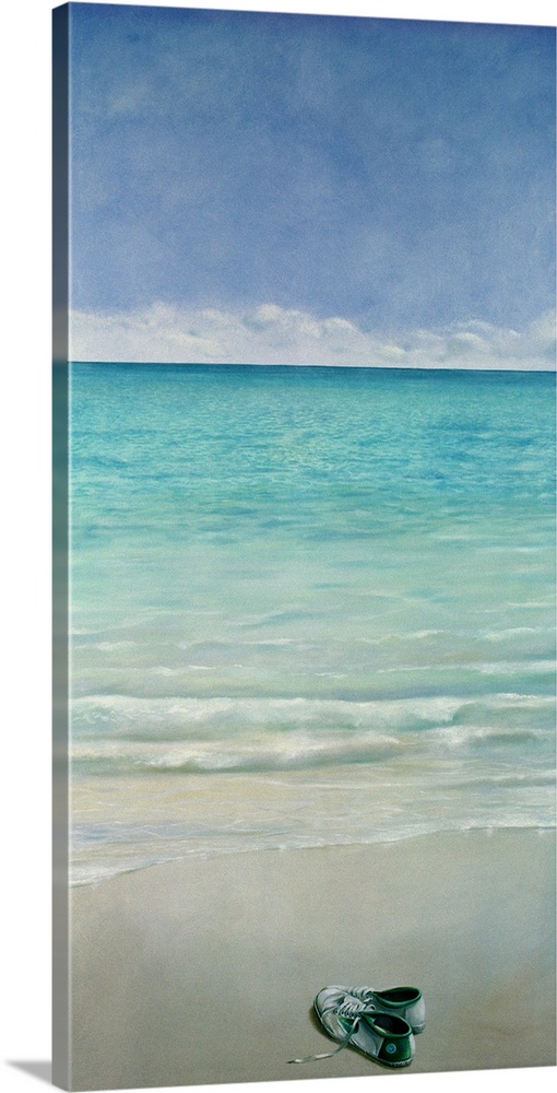 Large vertical painting of a single pair of tennis shoes sitting on a sandy beach as clear blue waters hit the shore, bene...