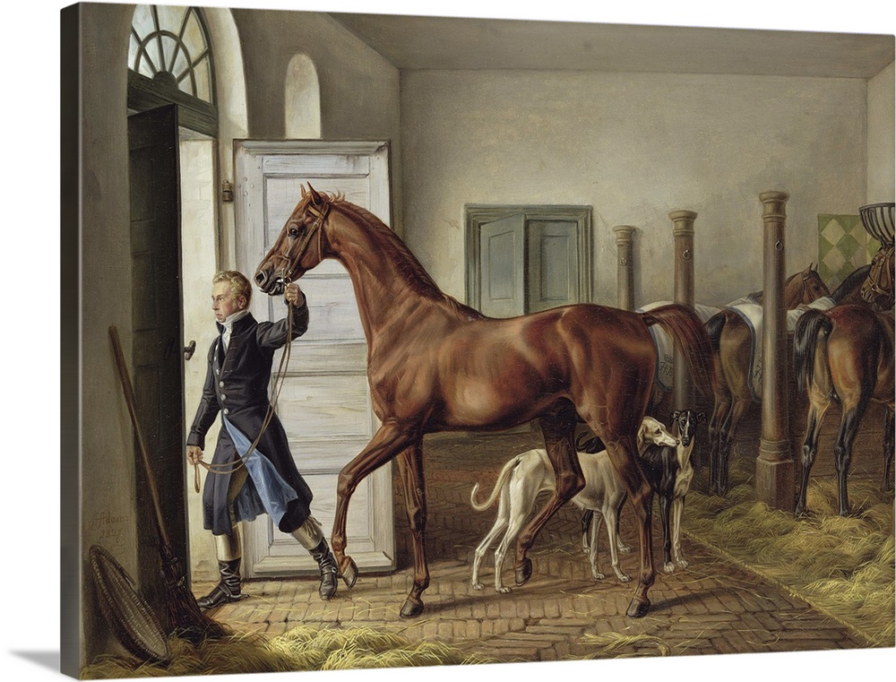 Groom leading a horse from the stable, 1827, oil on canvas.  By Albrecht Adam (1786-1862).