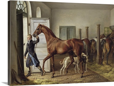 Groom leading a horse from the stable, 1827