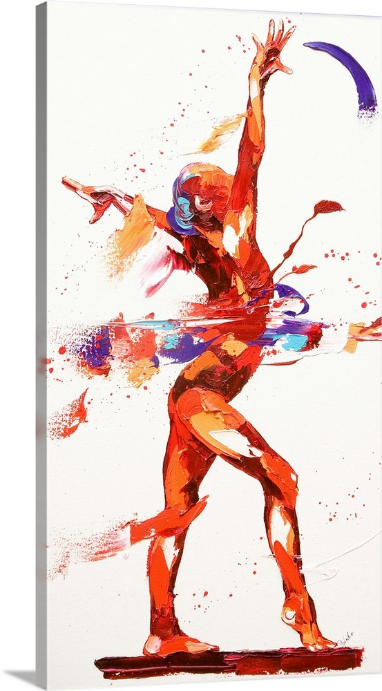 Contemporary painting of a gymnast posing during a routine.