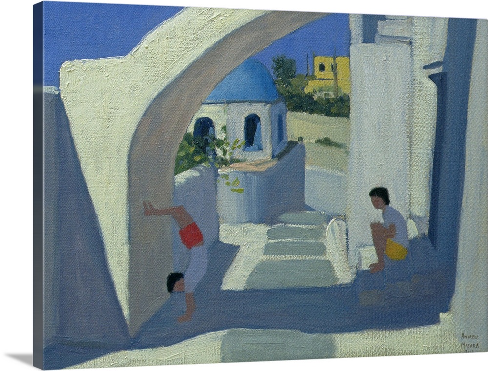 This is a contemporary painting of two children playing in the shade of an archway in this coastal Greek city.