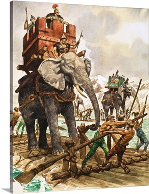 Hannibal and his elephants crossing a river by raft
