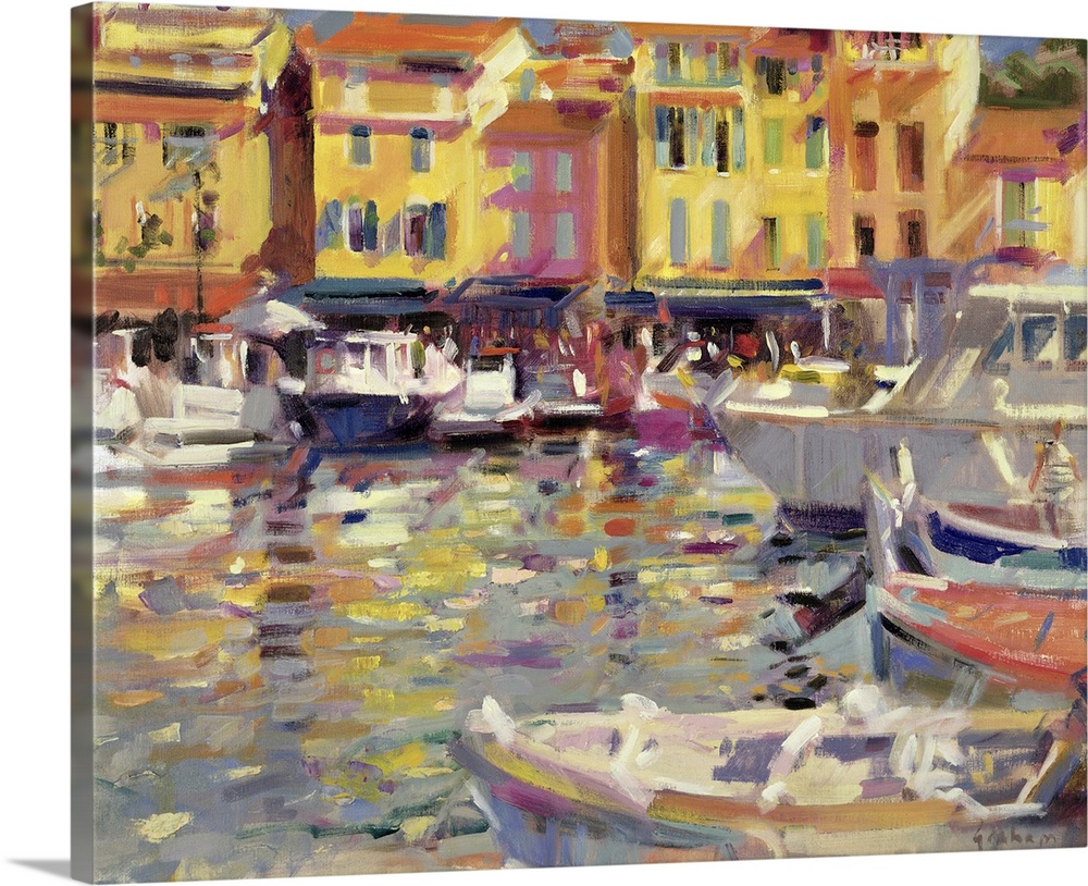 Big, horizontal wall painting of a harbor full of boats in Cassis, France, a row of buildings in the background.