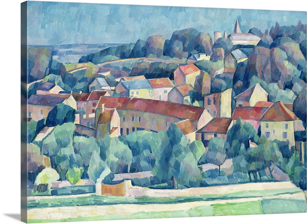 Abstractly painted canvas of a town in the countryside on a hill.