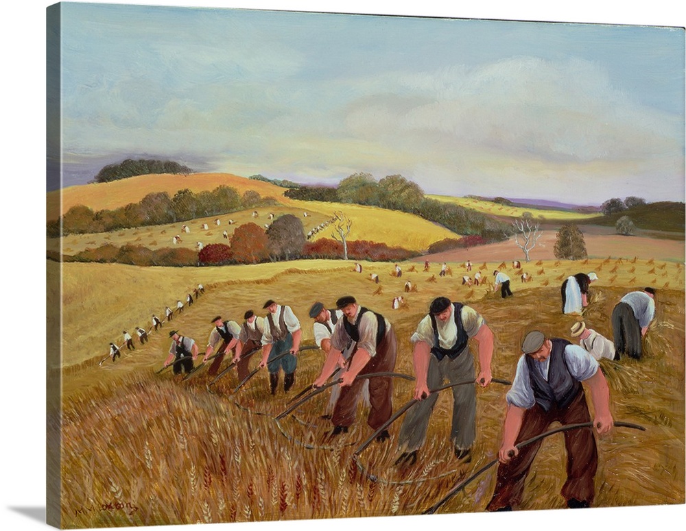 Contemporary painting of several farmhands harvesting in a field.