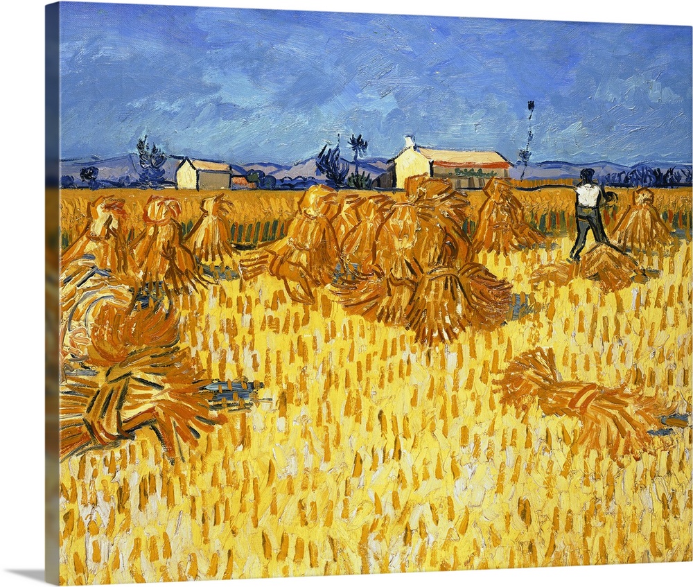 Classic painting by Vincent Van Gogh of a figure working in a field on a bright summer day.