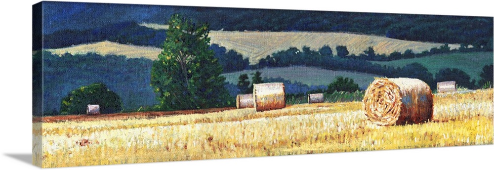 Contemporary painting of a countryside scene with hay bails in a farmed field.