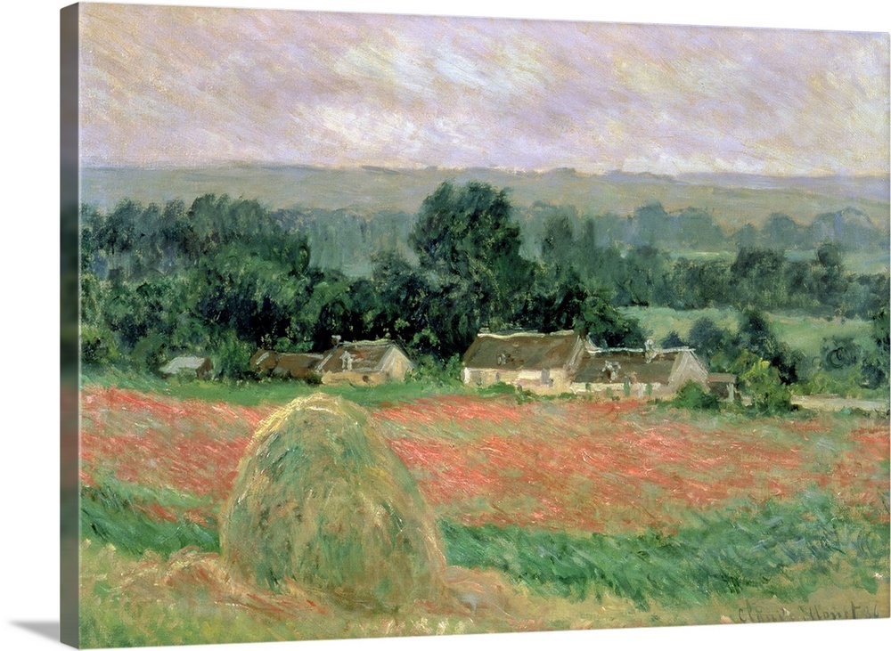 Oil painting of hay bundle in meadow with houses and forest in the distance.