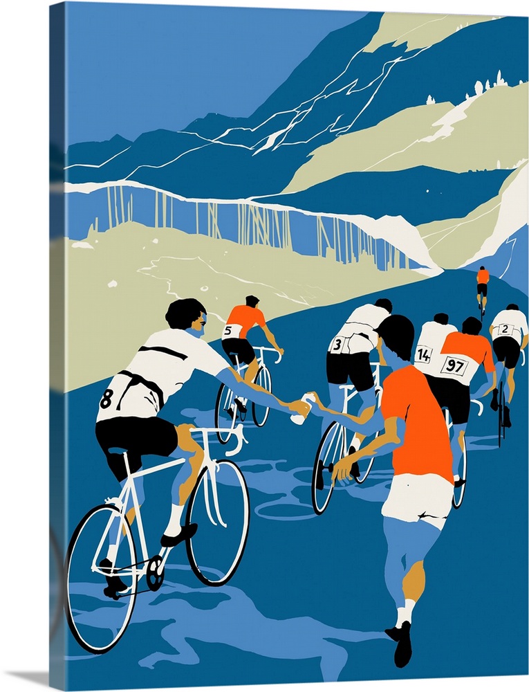 Contemporary illustration of cyclists being given drink while en route during competition.