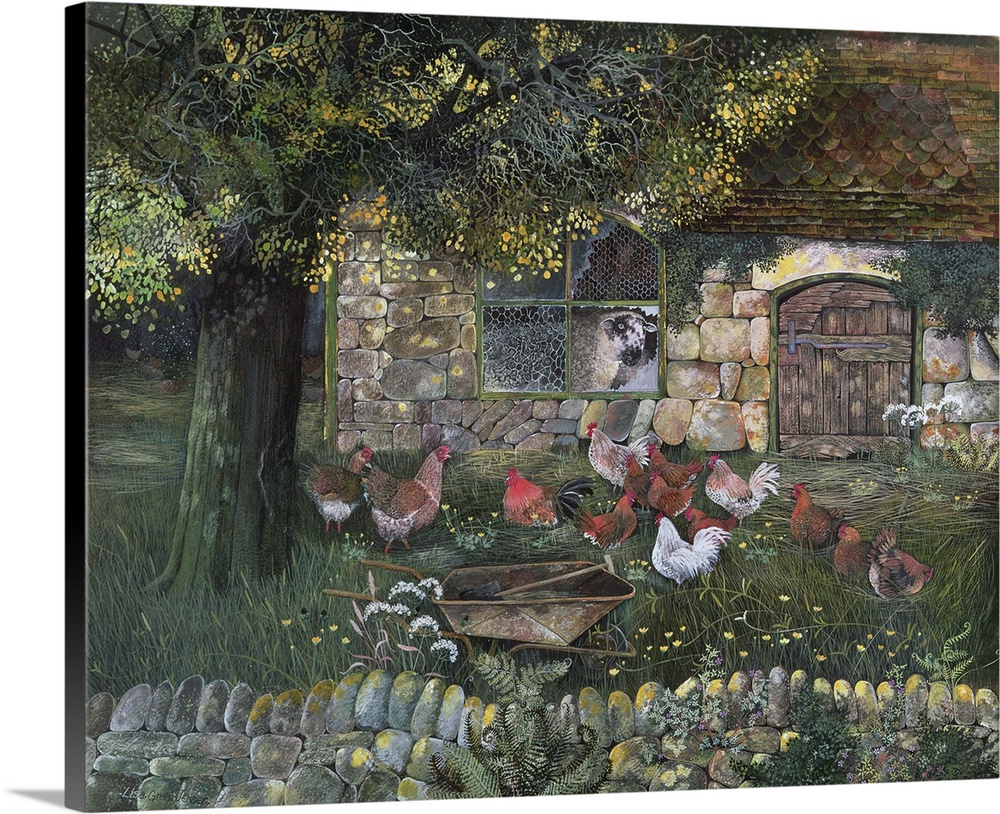Contemporary painting of a flock of chickens in a backyard.