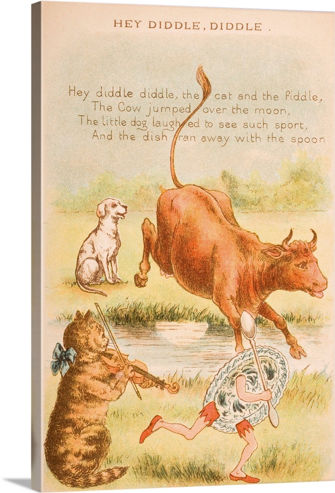 Nursery rhyme and illustration of Hey Diddle Diddle from Old Mother Goose's Rhymes and Tales. Illustrated by Constance Has...