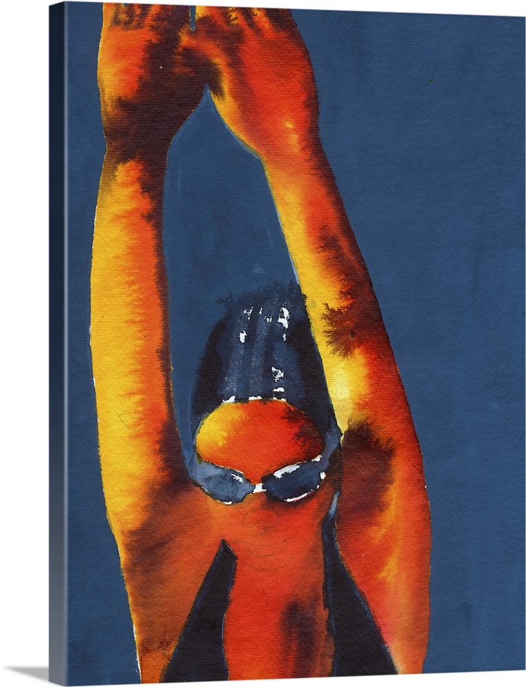 Contemporary figurative art of a diver with arms raised.