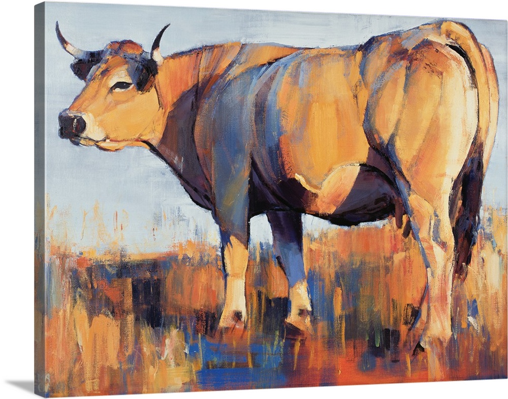 Contemporary painting of a large cow in a field in harsh sunlight.