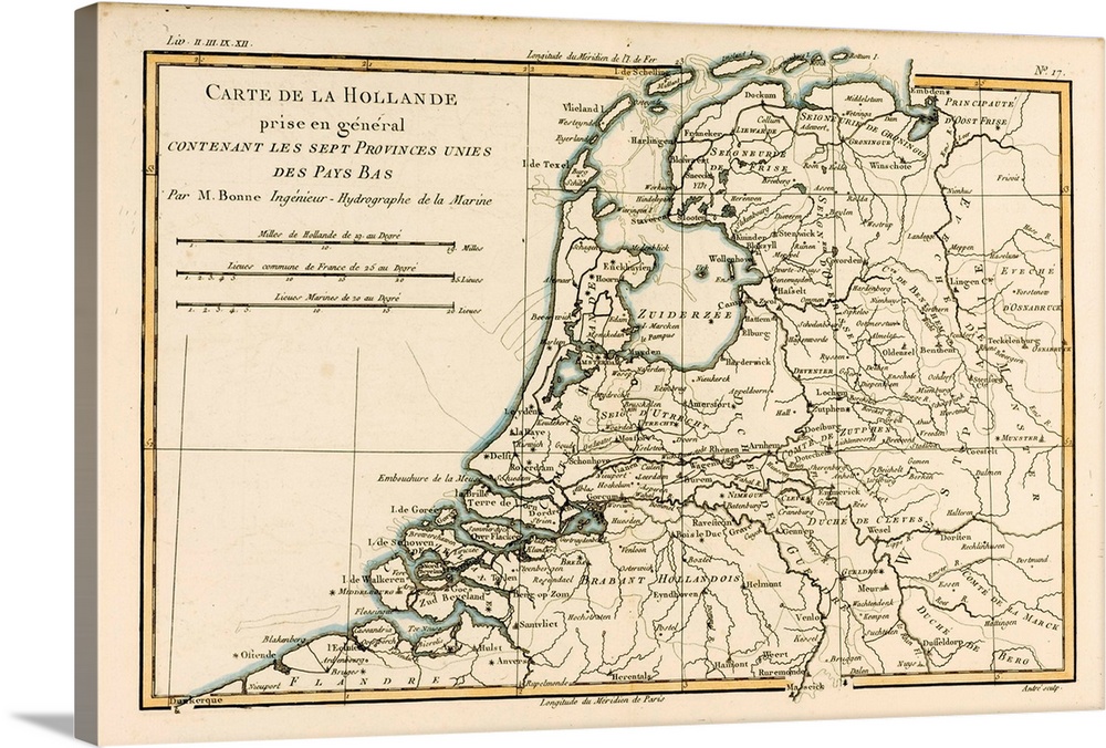 Map of Holland, circa.1760. From .Atlas de Toutes Les Parties Connues du Globe Terrestre . by Cartographer Rigobert Bonne....
