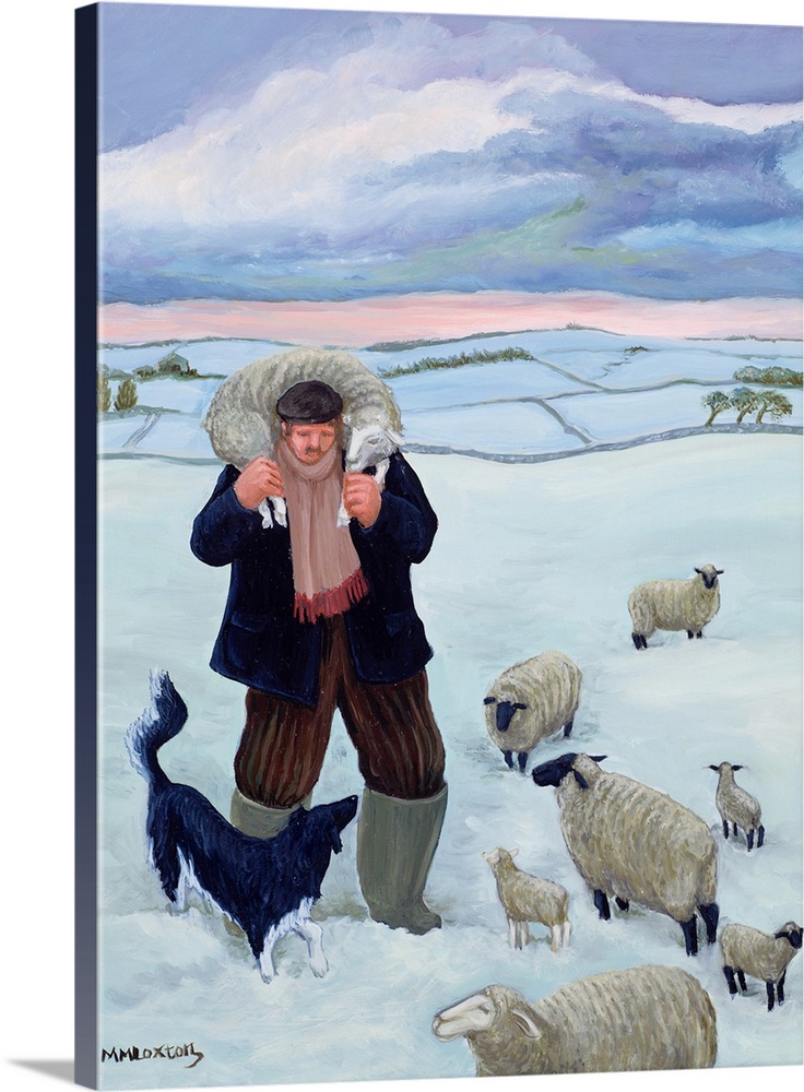 Contemporary painting of a shepherd with his flock.