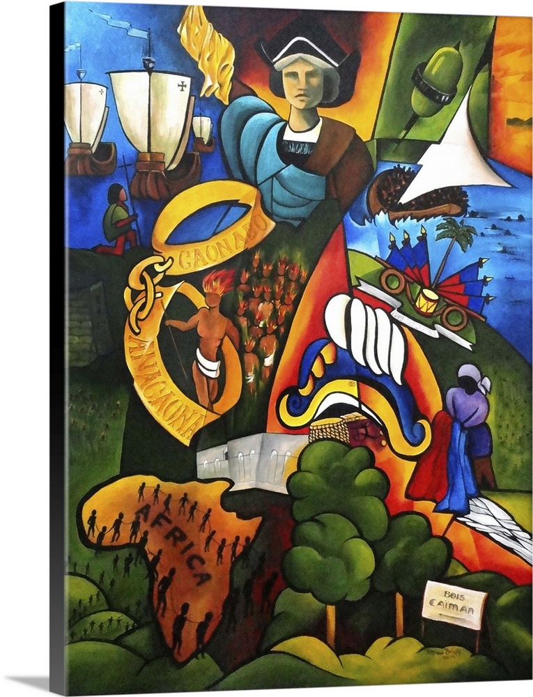 Contemporary painting featuring elements of history including Christopher Columbus and African slaves.