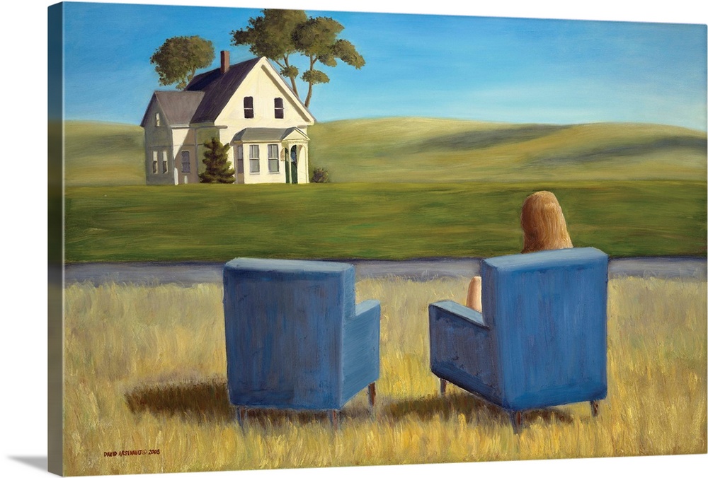 Contemporary painting of two blue armchairs in a field, with a woman seated in one of them.