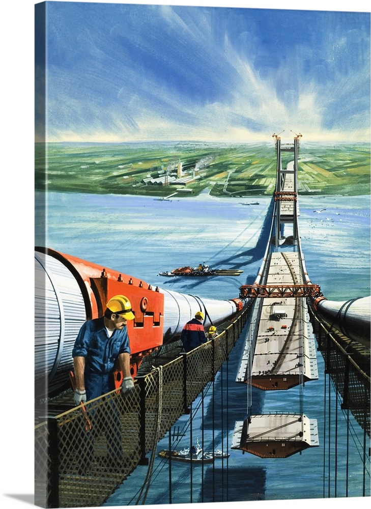 Humber Estuary Bridge Under Construction. Original artwork for cover of "Look and Learn," issue 994, 28 March 1981.