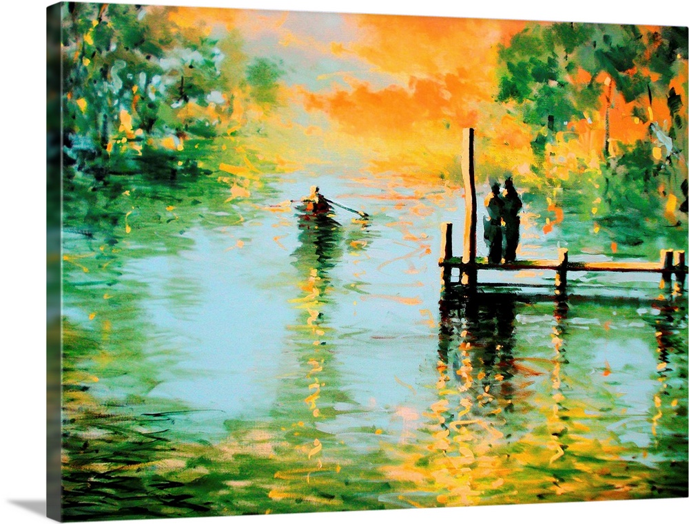 Contemporary painting of a silhouetted figures on a dock watching a boat row away down the river.