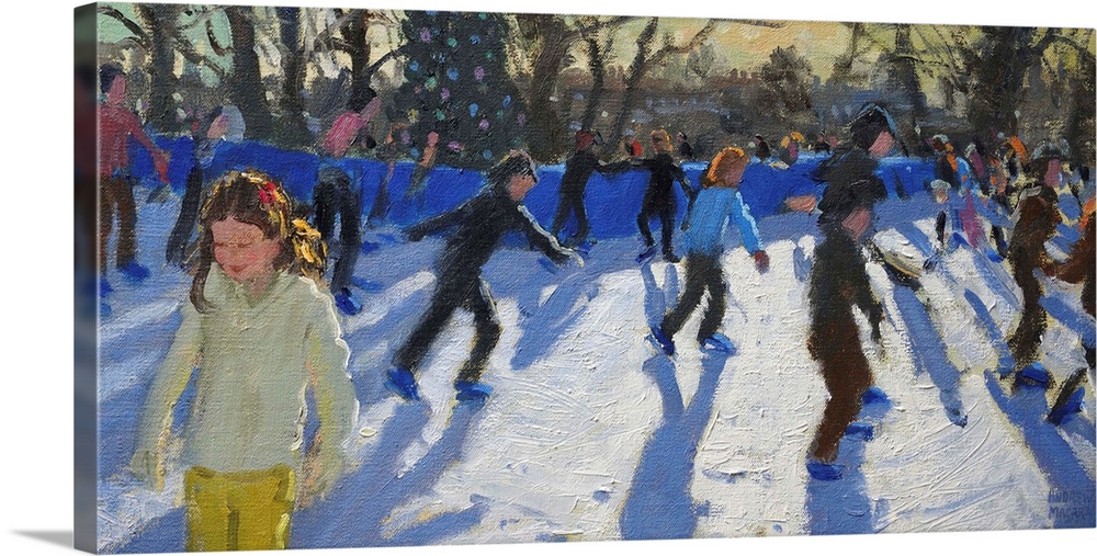 Contemporary painting of children ice skating in the winter.