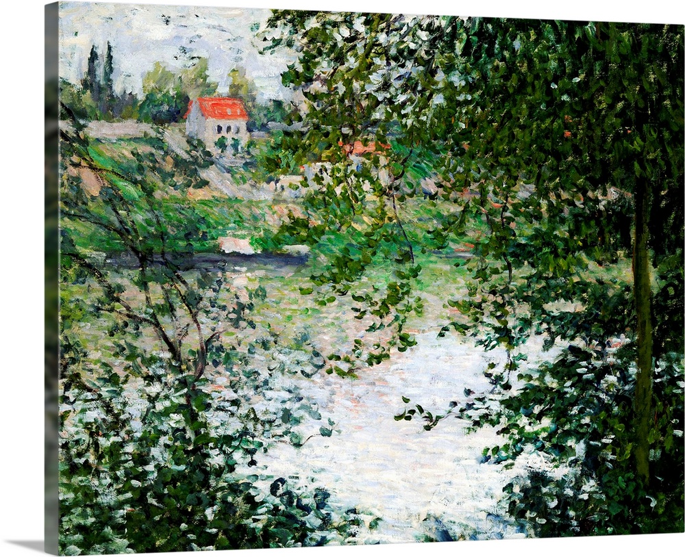An artistic painting of small houses on a river bank that is viewed through thick brush and trees.