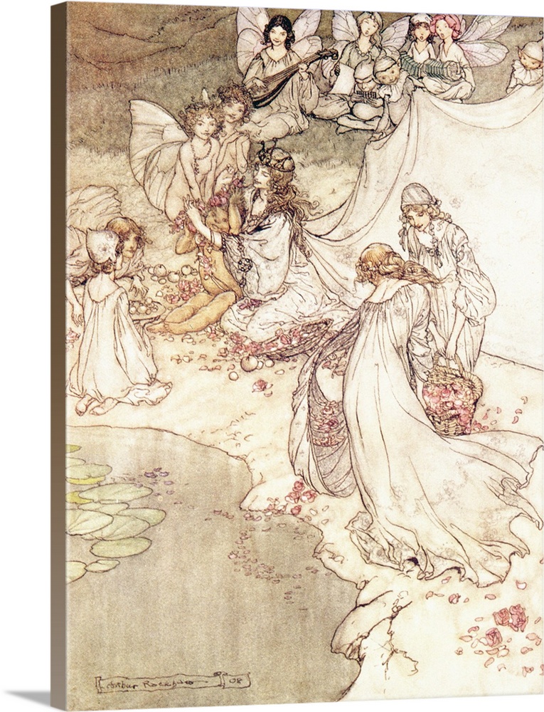 BAL10548 Illustration for a Fairy Tale, Fairy Queen Covering a Child with Blossom  by Rackham, Arthur (1867-1939); Private...