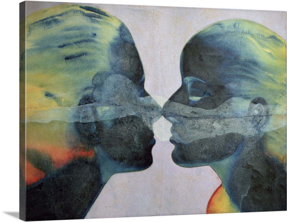 Contemporary watercolor painting of two people face to face.