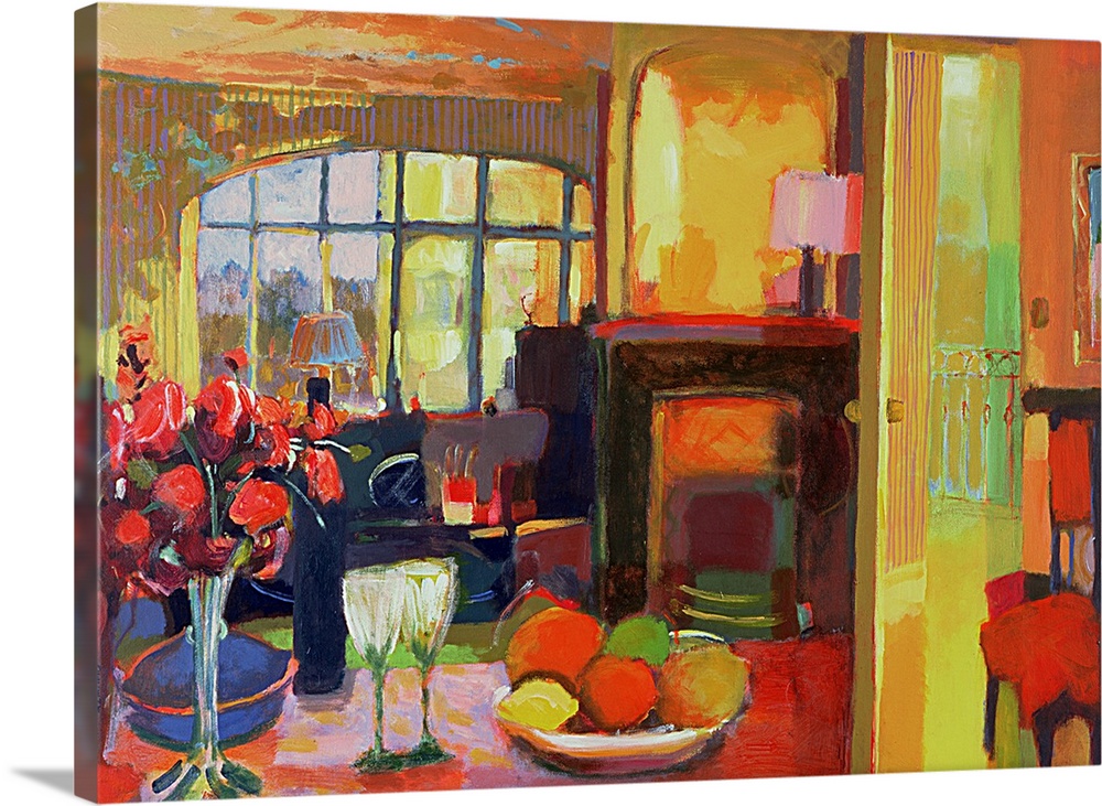 Still oil painting of room with table that has a bowl of fruit, a vase of flowers, a bottle of wine, and two glasses.  The...