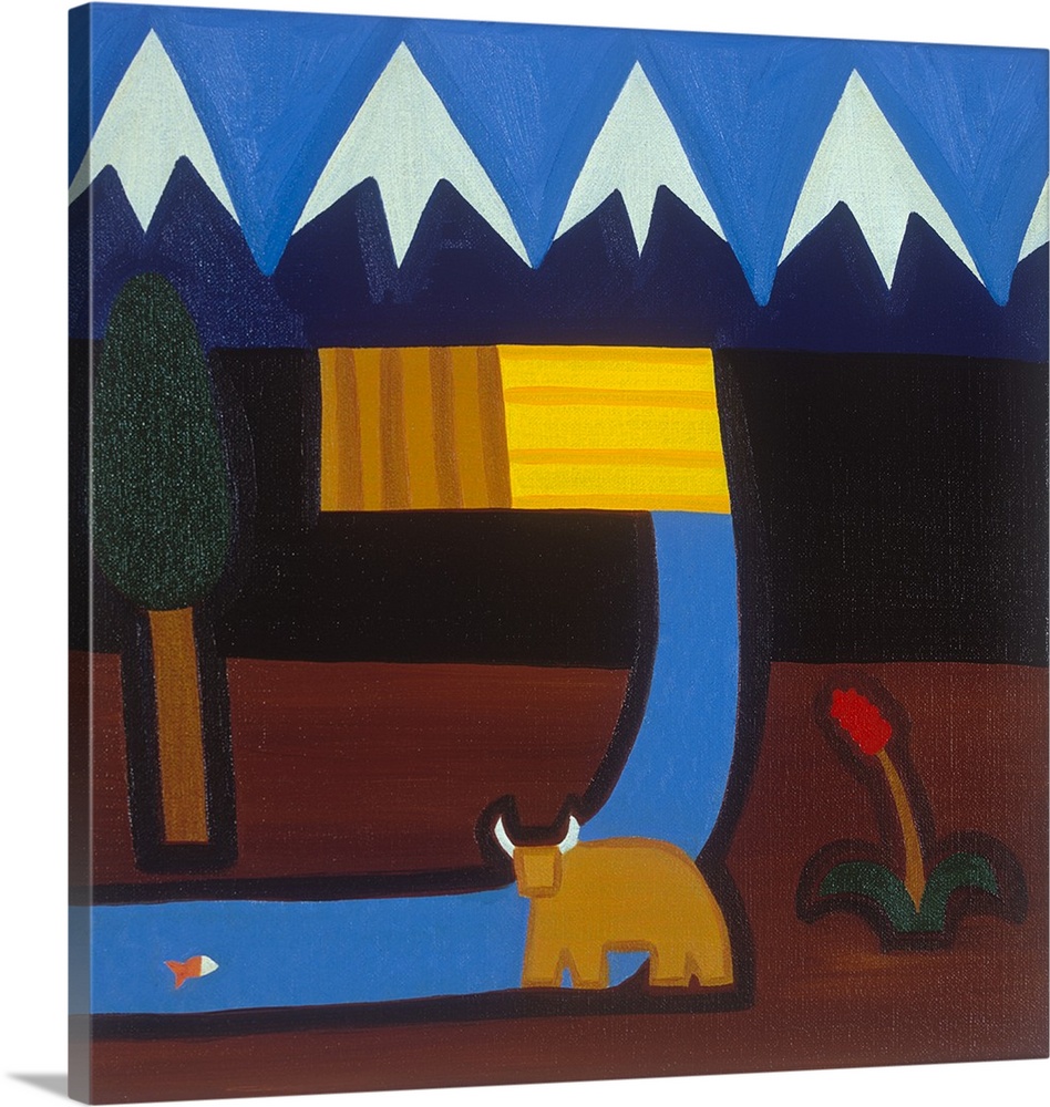 Contemporary painting of a bull by the Andes Mountains in Peru.