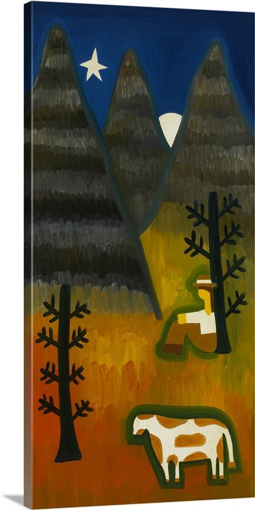 Contemporary painting of a man sitting in the forest with a cow at night.