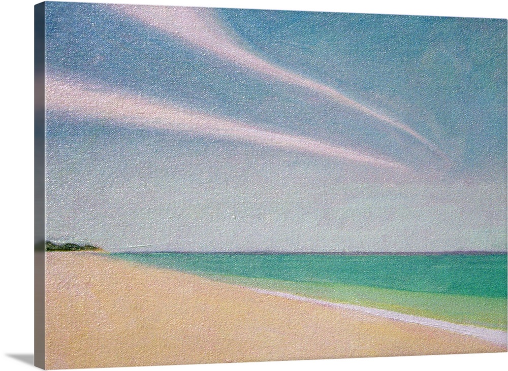 Contemporary painting of a sandy beach with tropical turquoise water and two long clouds stretching over the sky.