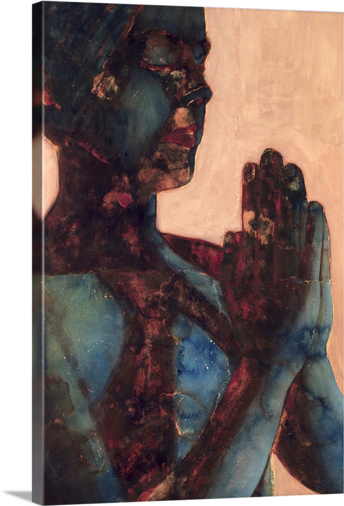Contemporary watercolor painting of a woman with her hands together as if praying.