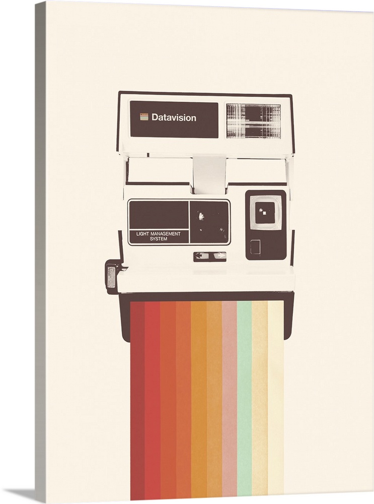 A retro style image of a vintage polaroid style camera with a rainbow spectrum issuing from the front