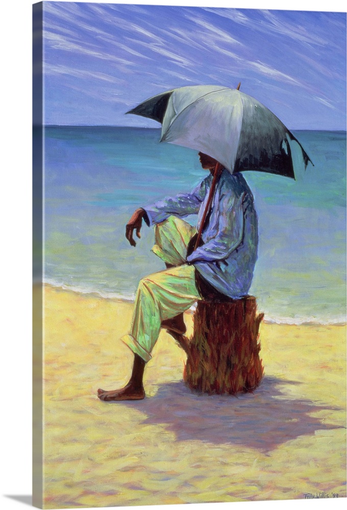 This vertical painting is a figure sitting on a tree stump on a sandy beach with the ocean behind them; their face is obsc...