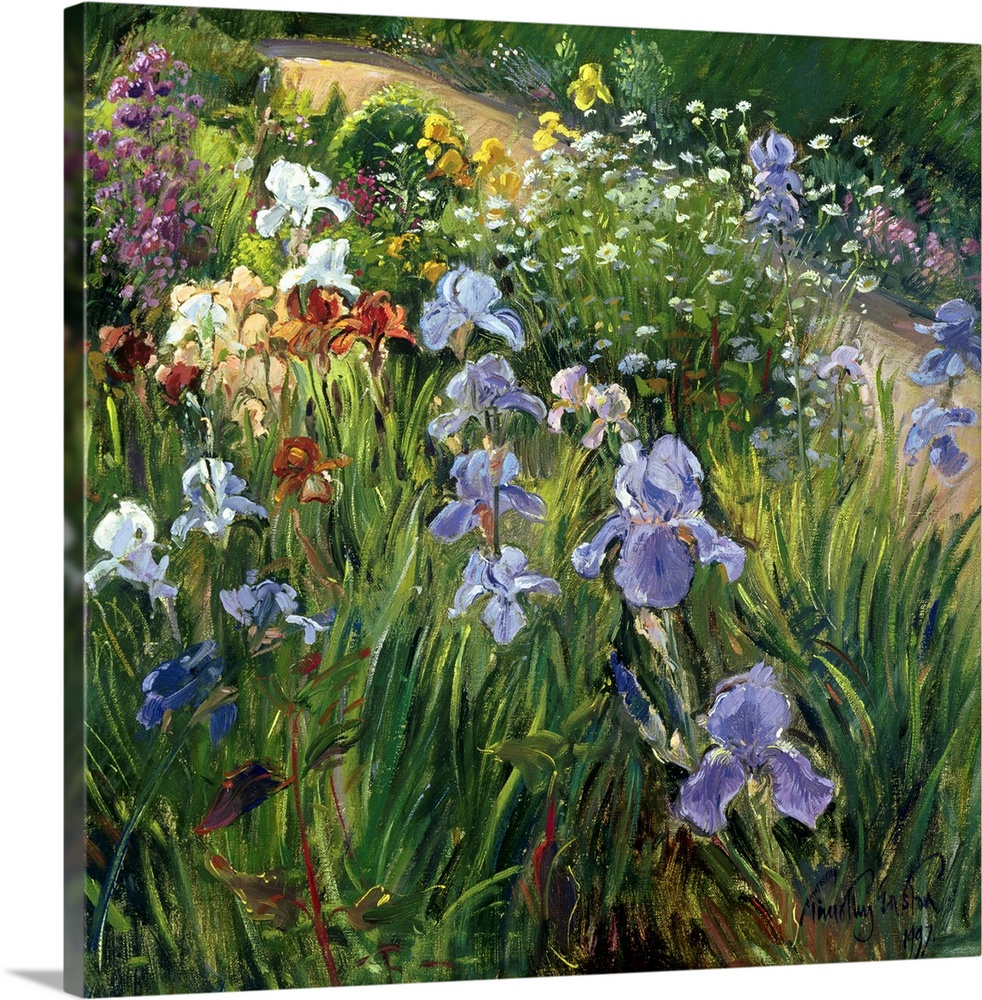 Large square floral art focuses on a variety of flowers at close range that includes irises and oxeye daisies against a ba...