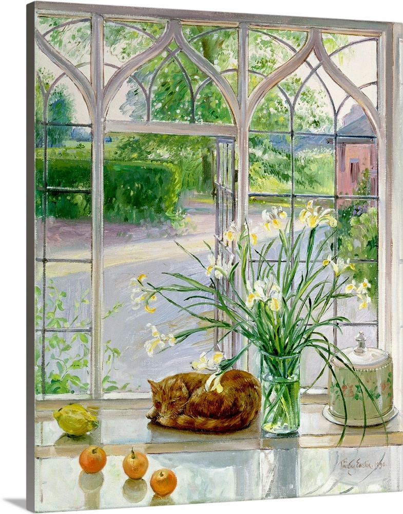 Contemporary artwork of a large vase of flowers that stands in front of a big window with a cat curled up beside it.
