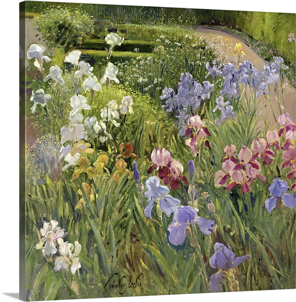 A beautiful painting of different types of flowers in a lush green garden.