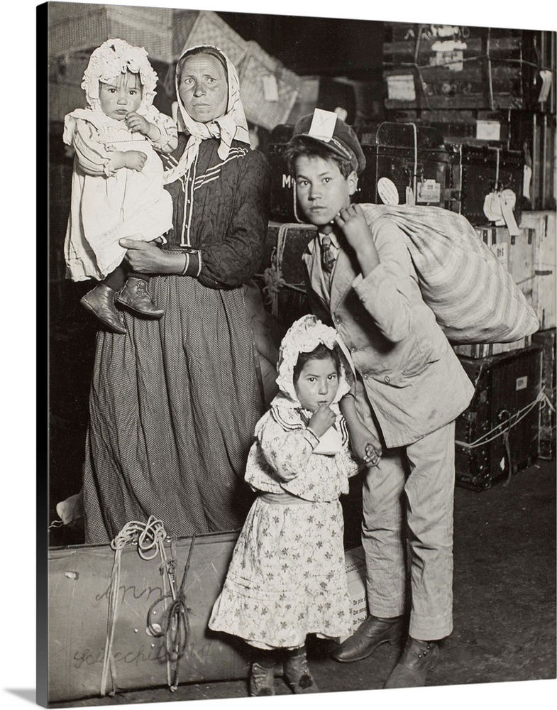 Italian Family Seeking Lost Baggage, Ellis Island, 1905, gelatin silver print.