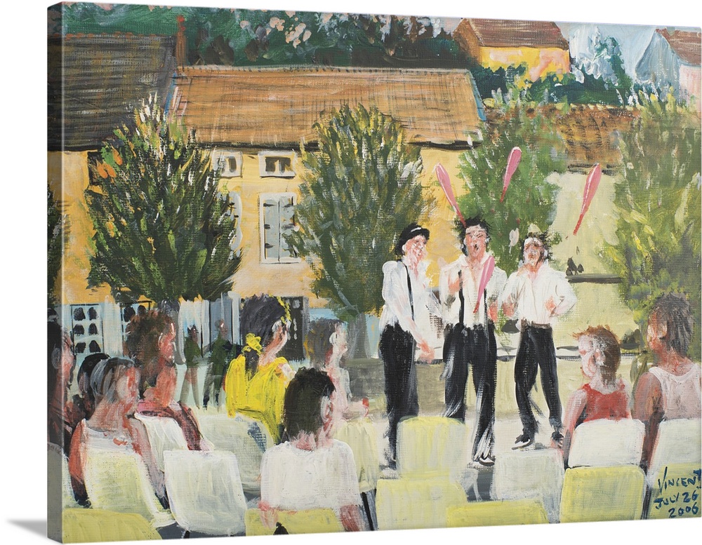 Contemporary painting of performers on a stage during a festival in France.