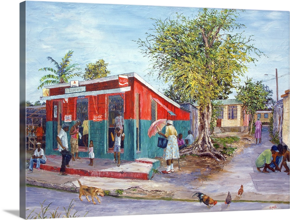 This wall art is a realistic painting of a black community gathered around a general store on a street in Barbados.
